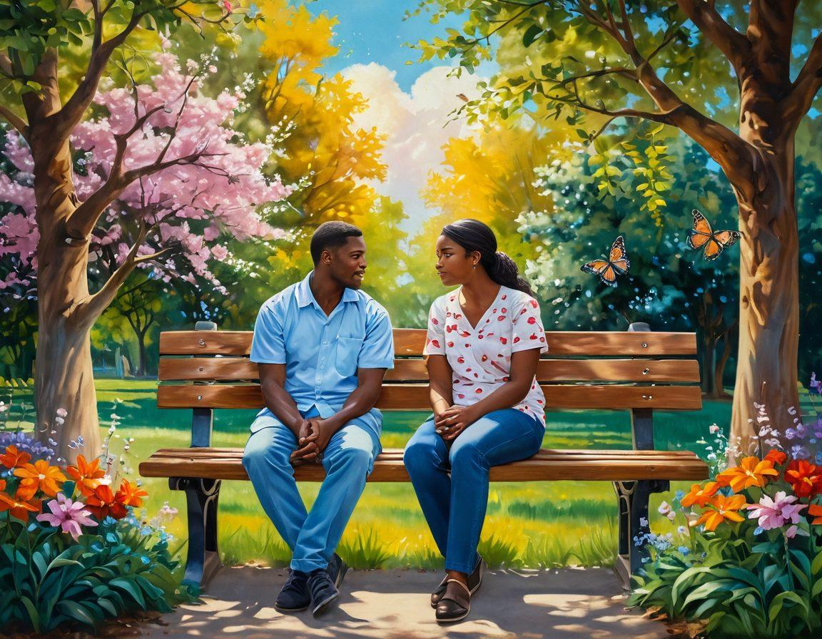 A warm, inviting scene of two diverse individuals sitting closely on a park bench, gazing into each other's eyes, surrounded by blooming flowers and soft sunlight filtering through the trees. Their expressions reflect tenderness and passion, symbolizing deep connection. Include elements of nature with fluttering butterflies and a heart-shaped cloud in the sky. painting. vibrant colors. soft focus.