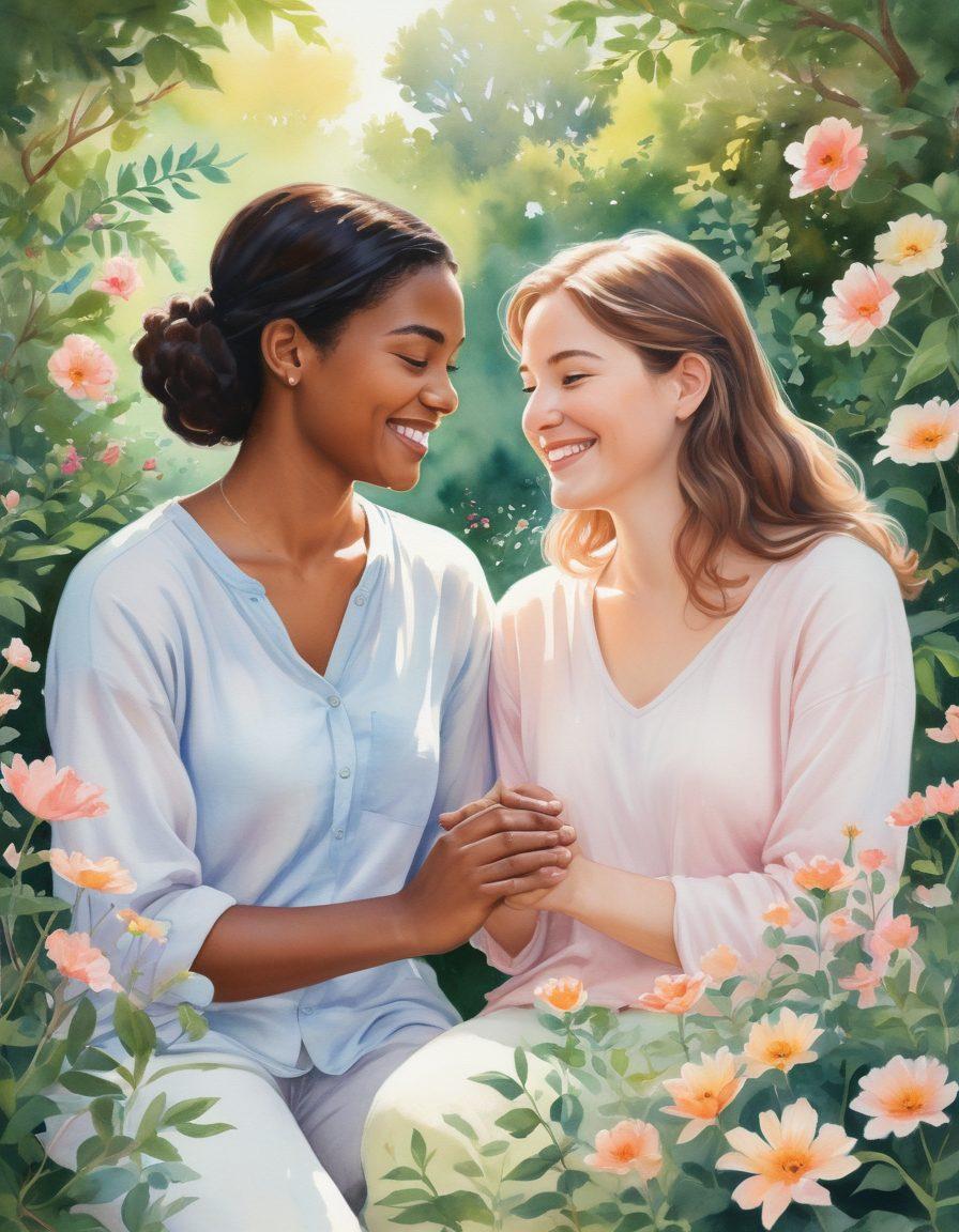 A warm and inviting scene depicting two diverse individuals, smiling and sharing a deep conversation surrounded by blooming flowers symbolizing growth and connection. In the background, soft light filters through greenery, creating a serene atmosphere that conveys warmth and trust. Include elements like intertwined hands to represent emotional bonds and connection. watercolor style. soft pastel colors. natural lighting.