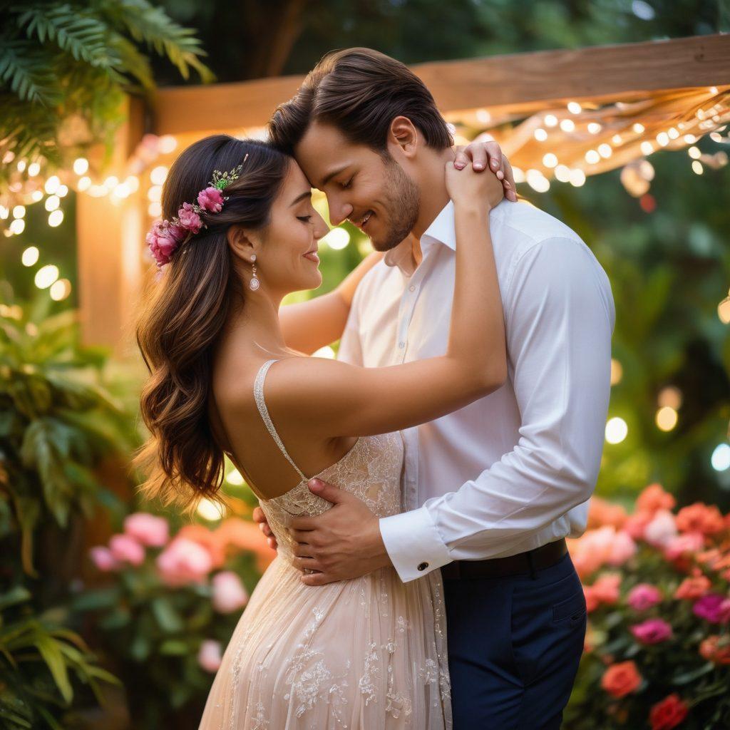 A tender scene of a couple dancing closely, surrounded by soft, glowing lights that symbolize intimacy and connection. The background features lush greenery and colorful flowers to represent the flourishing of relationships. The couple's expressions convey deep devotion, and their attire is elegant yet comfortable. The atmosphere is warm, dreamy, and inviting, encapsulating the essence of love and connection. soft focus, vibrant colors, romantic ambiance.